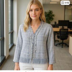 White House Black Market Tweed Fringe Light Blue Open Faced Jacket Womens Large